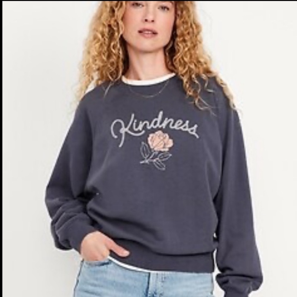 Old Navy Graphic Oversized Cozy Cotton Floral Kindness Basic Crewneck Pullover